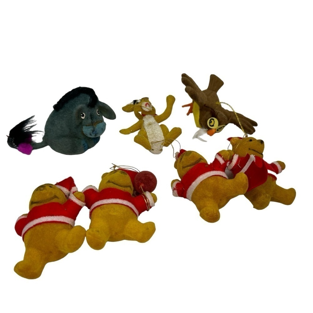 Vintage 70s Walt Disney 7 Winnie the Pooh flocked ornaments Eeyore Owl Set Lot - Picture 2 of 11